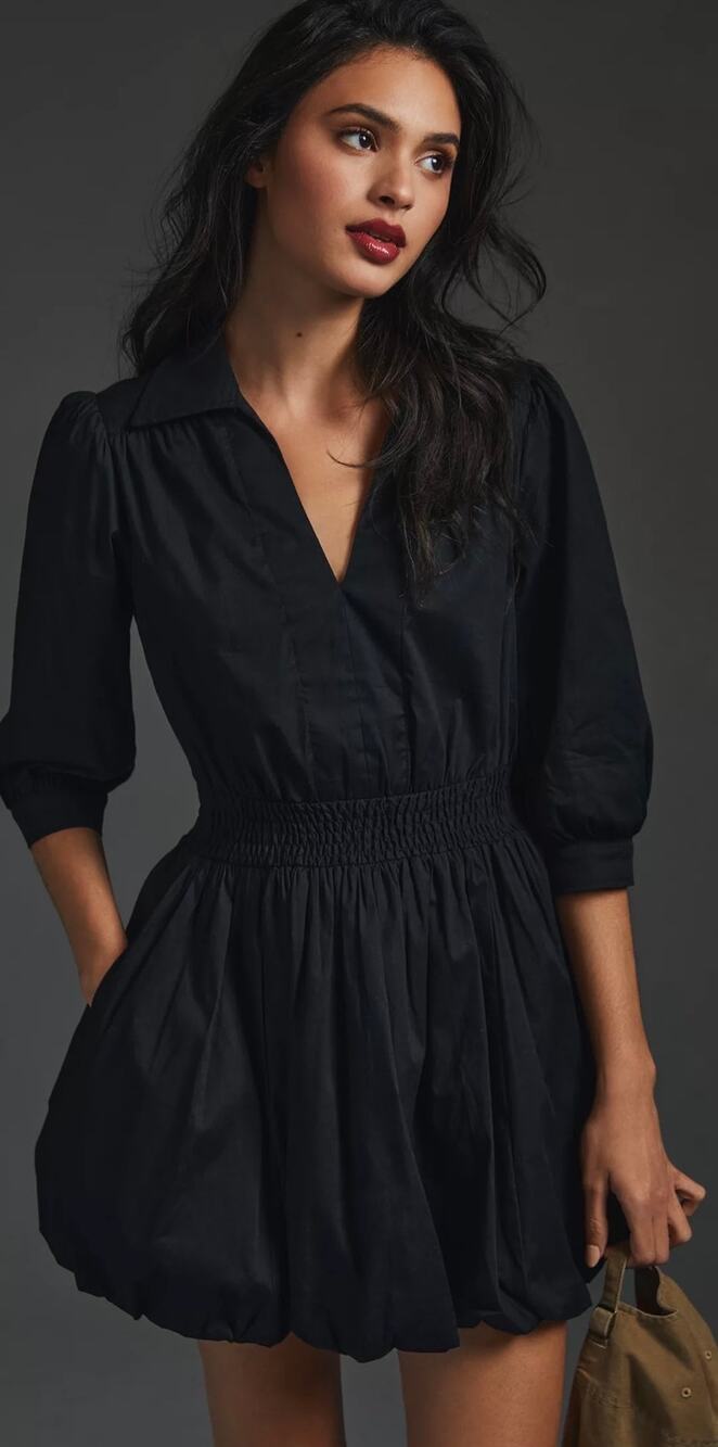 Anthropologie Porridge Long-Sleeve V-Neck Bubble-Hem Mini Dress in Black. Size S
